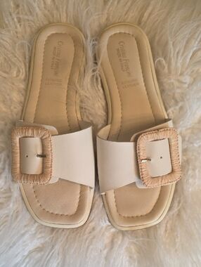 Cristina Francini Leather Neutral Slide Sandals with Woven Buckle Detail Size 9